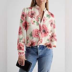 Express Floral Print Ruffle Neck Relaxed Portofino Shirt, multi, small